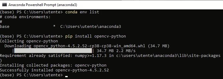Anaconda PowerShell Prompt showing conda env list and pip install opencv-python output with Successfully installed opencv-python-4.5.2.52
