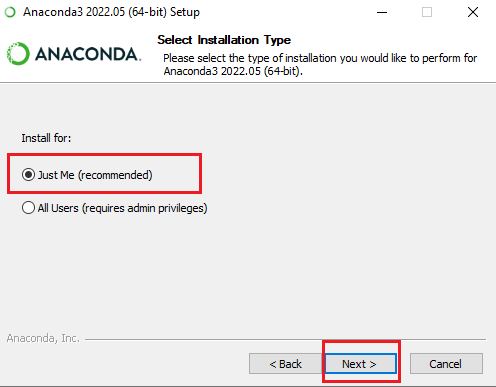 Anaconda3 2022.05 installer dialog showing Install for with Just Me (recommended) selected and Next button