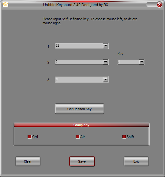 Usbhid Keyboard 2.40 window with field 1 'F2', field 2 '2' and Key dropdown '3', Get Defined Key button, Group Key (Ctrl Alt Shift), Save/Exit