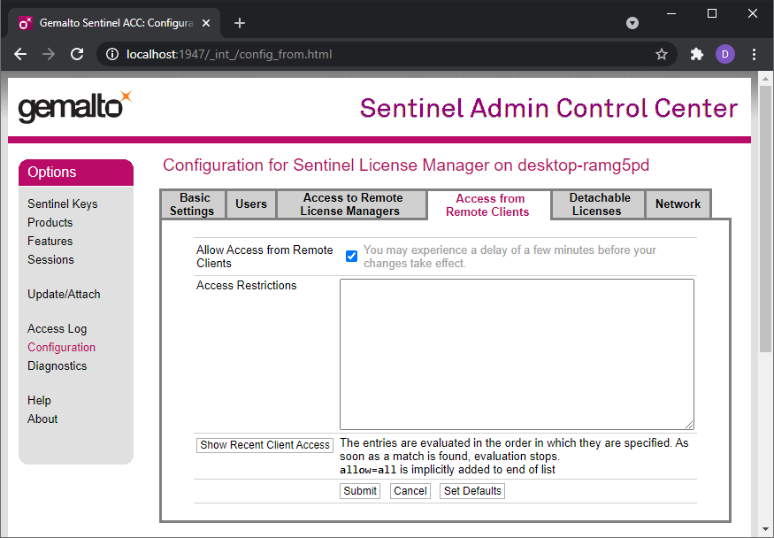 Sentinel Admin Control Center, Access from Remote Clients tab, 'Allow Access from Remote Clients' checked