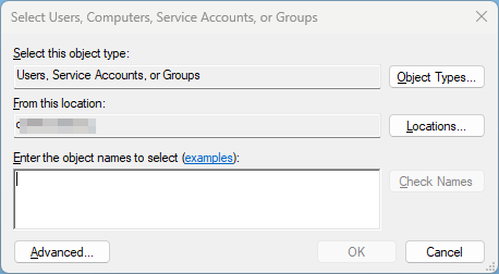 Dialog titled 'Select Users, Computers, Service Accounts, or Groups' with name field, Check Names, Advanced, OK, Cancel