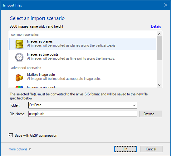 Import files dialog 'Select an import scenario' showing 'Images as planes', Folder D:\Data, File sample.sis, GZIP checked