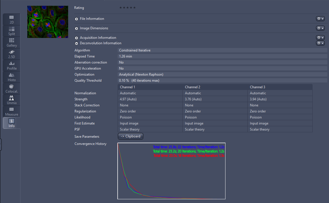 Info view showing Deconvolution Information with Constrained Iterative algorithm, parameter table and convergence graph.