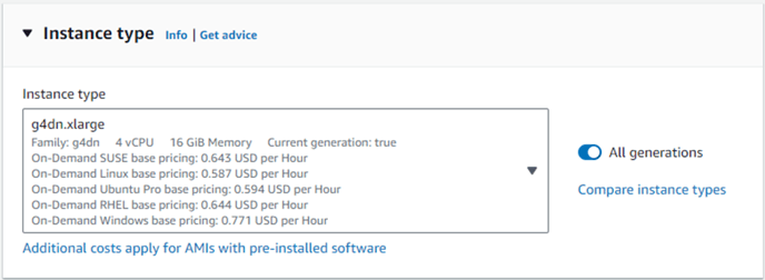 Instance type panel showing g4dn.xlarge selected, family g4dn, 4 vCPU, 16 GiB Memory and pricing details