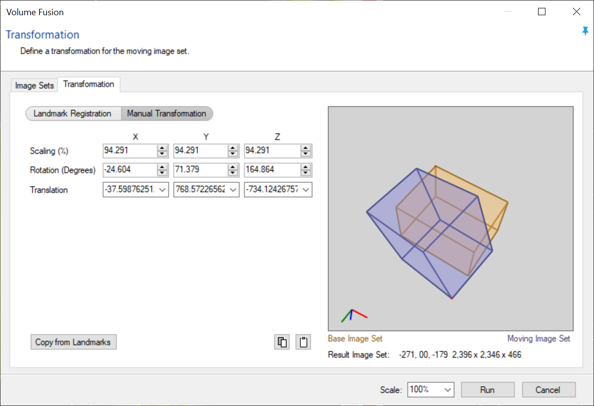 Volume Fusion Transformation tab with Scaling, Rotation, Translation values for X Y Z and 3D preview of overlapping boxes