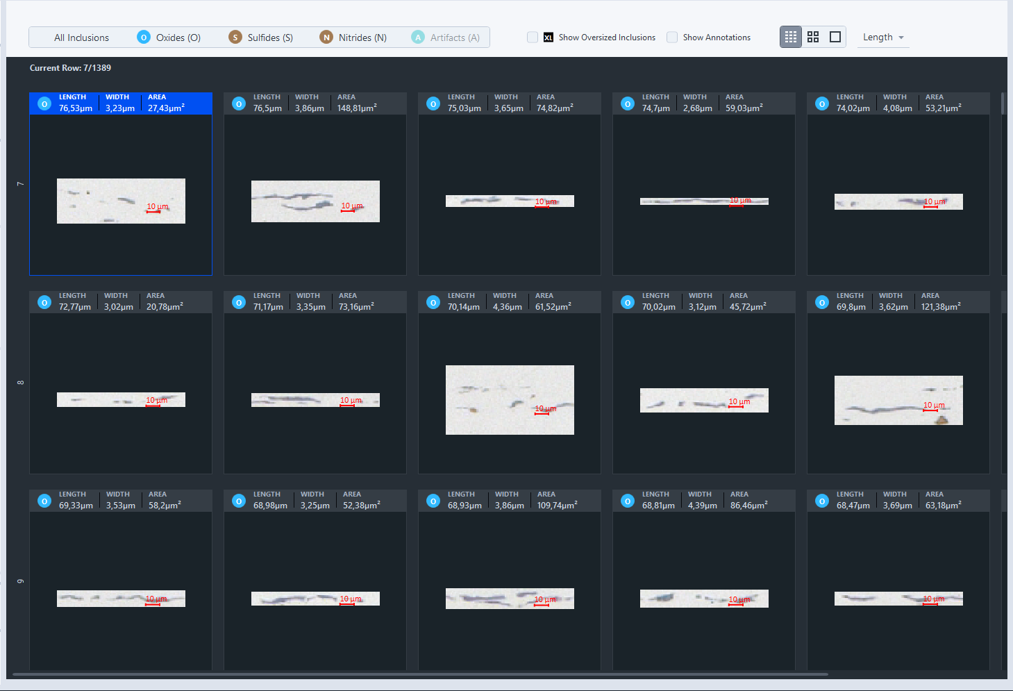 Software grid of inclusion thumbnails showing labeled LENGTH, WIDTH, AREA and micrograph thumbnails with red 10 µm scale.