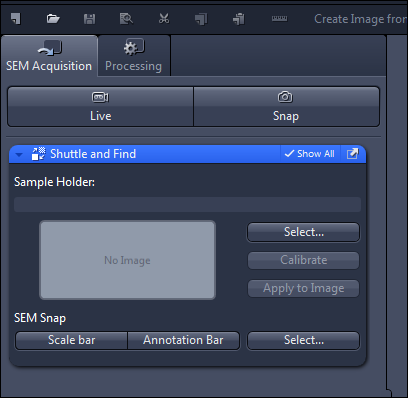 SEM Acquisition UI showing Shuttle and Find panel, Sample Holder labeled 'No Image', and SEM Snap controls