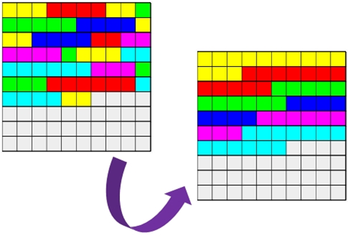Two rectangular color-block grids side by side with a purple curved arrow pointing from the left grid to the right grid