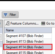 Software object table showing segment list with 'Segment #114 (Blob Finder)' highlighted by a red box