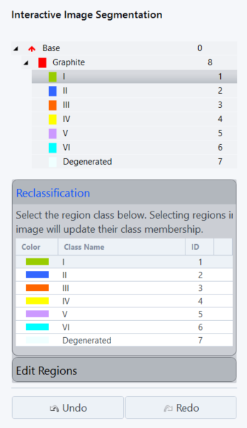 Interactive Image Segmentation showing Graphite classes I-VI and Degenerated and Reclassification table with Color, Class, ID