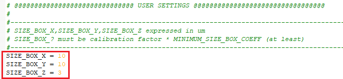 Code screenshot titled USER SETTINGS showing SIZE_BOX_X = 10, SIZE_BOX_Y = 10, SIZE_BOX_Z = 3