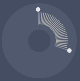 dark circular dial with inner circle, arc of thin light-gray radial bars and two white circular handles