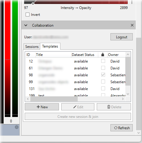 Collaboration panel with Templates tab listing IDs, Titles, Dataset Status available, Owners David and Sebastien.