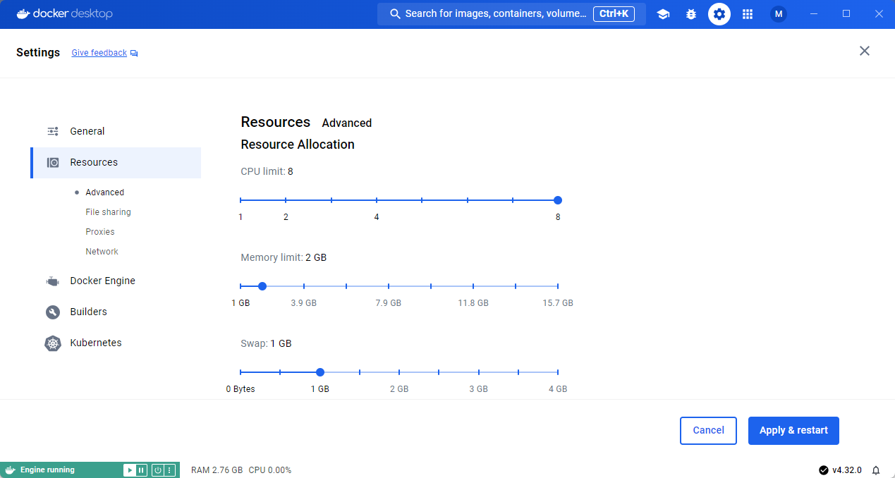 Docker Desktop Resources Advanced showing Resource Allocation with CPU 8, Memory 2 GB, Swap 1 GB