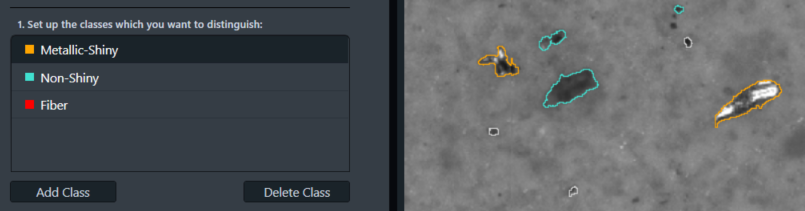 Panel listing classes 'Metallic-Shiny', 'Non-Shiny', 'Fiber' next to grayscale microscopy image with colored particle outlines