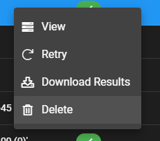 Context menu with options: View, Retry, Download Results, Delete on a dark panel over blurred UI.
