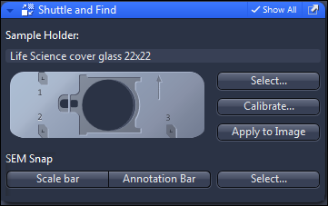 Shuttle and Find window showing Sample Holder: Life Science cover glass 22x22 and SEM Snap with Scale bar, Annotation Bar, Select...
