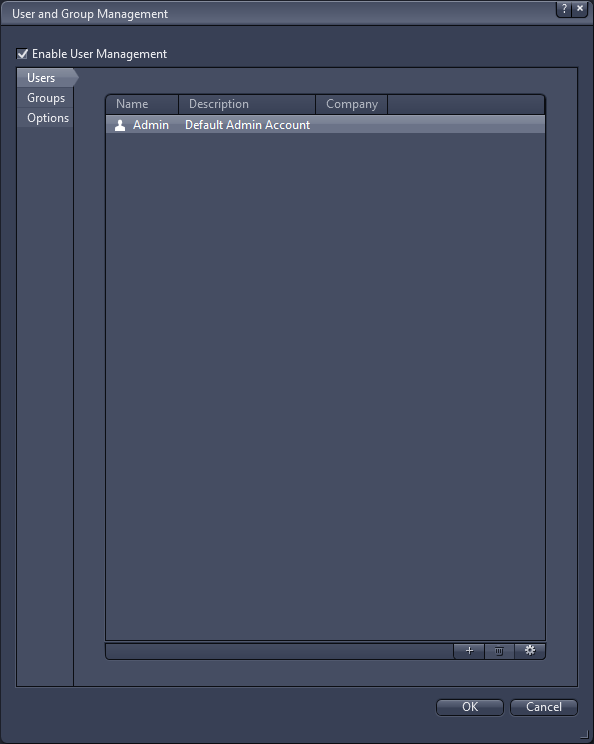 User and Group Management dialog with 'Enable User Management' checked, Users tab shows Admin: Default Admin Account