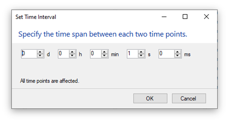 Set Time Interval dialog with text Specify the time span between each two time points and fields showing 1 s