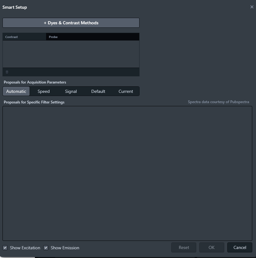 Smart Setup dialog with + Dyes & Contrast Methods button, empty Contrast/Probe table and acquisition parameter buttons