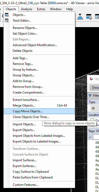 Open Objects menu with Copy/Move Objects... highlighted in 4D Viewer window