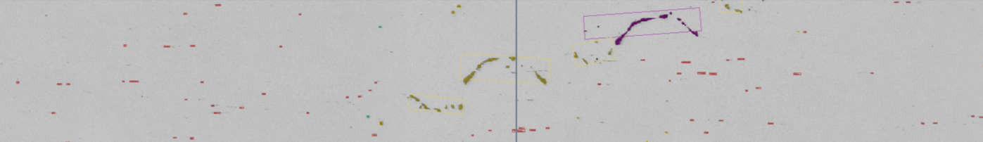 Gray background with central vertical line, yellow and purple boxes around curved streaks and scattered small red markers