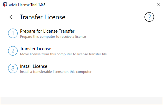 arivis License Tool 'Transfer License' window listing steps: Prepare for License Transfer; Transfer License; Install License