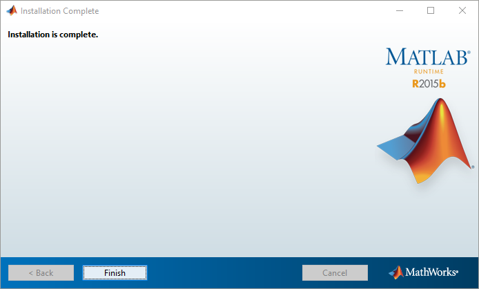 Installation Complete window with text 'Installation is complete.' MATLAB Runtime R2015b logo and Finish button