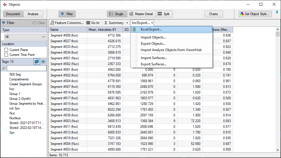 Objects window showing segment list table and Im/Export menu with Excel Export... option highlighted