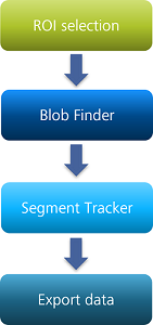 Vertical flowchart with boxes labeled 'ROI selection' → 'Blob Finder' → 'Segment Tracker' → 'Export data'