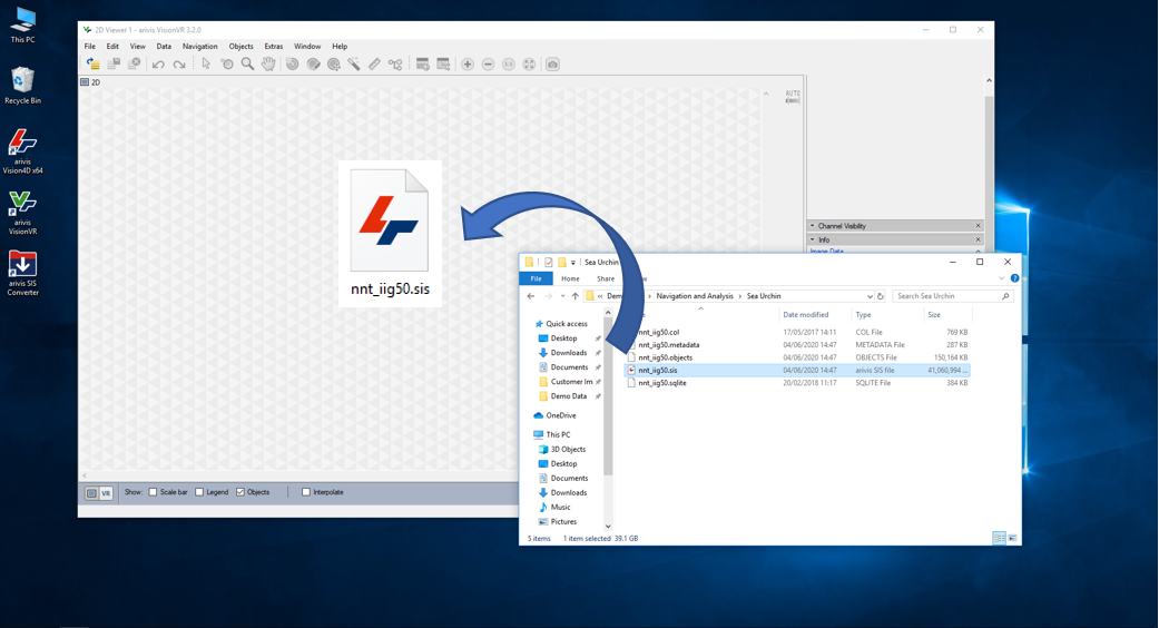 Windows desktop with arivis VisionVR showing nnt_iig50.sis icon and File Explorer highlighting nnt_iig50.sis with a blue curved arrow