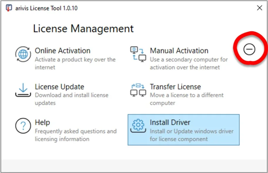 arivis License Tool License Management window with Install Driver option highlighted and a circled minus icon