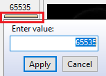 Dialog box showing Enter value: input with 65535 and Apply and Cancel buttons