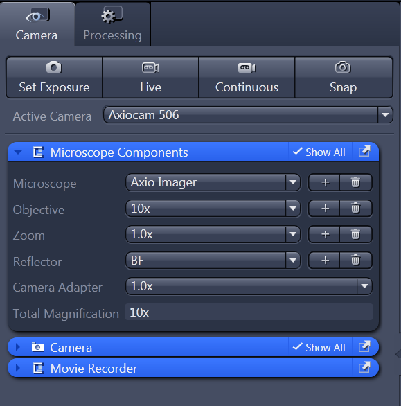 Microscope Components expanded showing Axio Imager, Objective 10x, Zoom 1.0x, Reflector BF, Camera Adapter 1.0x, Total 10x