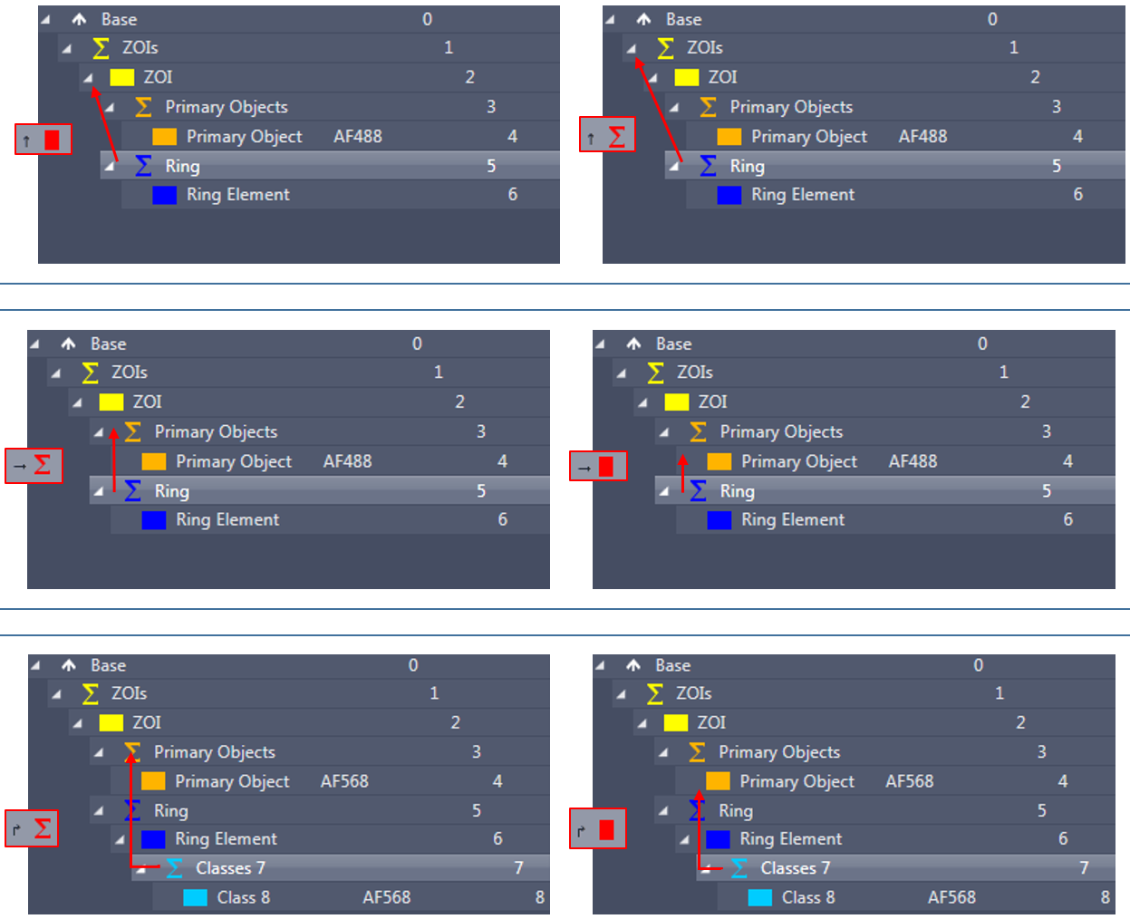 Six-panel UI tree of hierarchy entries including Base, ZOI, Primary Object AF488/AF568 and Ring Element