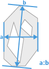 Gray irregular polygon with inner rotated rectangle and blue arrows labeled a (vertical), b (top horizontal), and text a:b