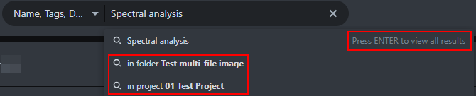 Search bar showing 'Spectral analysis', suggestions 'in folder Test multi-file image' and 'in project 01 Test Project', and 'Press ENTER to view all results'