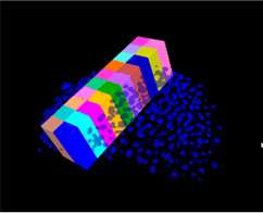 3D view of segmented multicolored rectangular prism with scattered blue dots on black background
