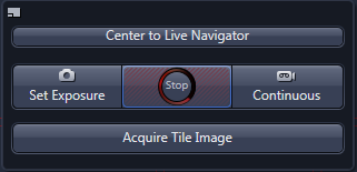 UI panel with buttons: Center to Live Navigator; Set Exposure; Stop; Continuous; Acquire Tile Image