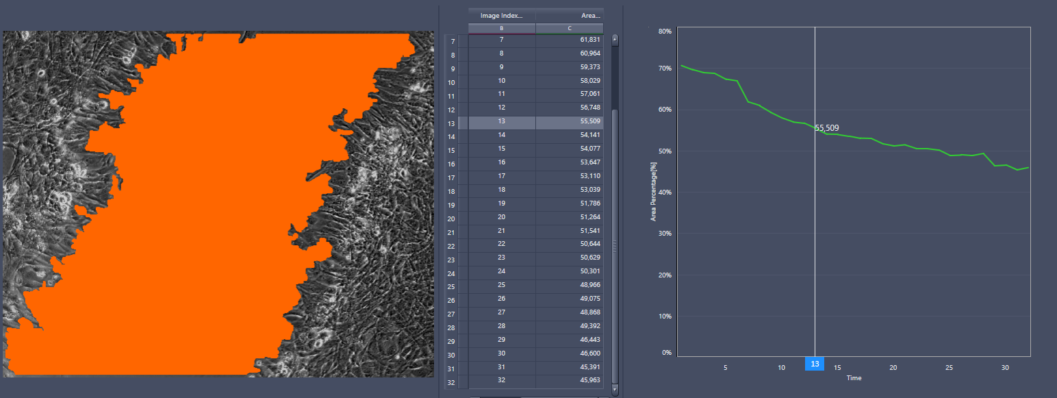 Grayscale image with large orange segmented region left, center table of image indices and areas, right line chart 'Area Percentage [%]' over 'Time'