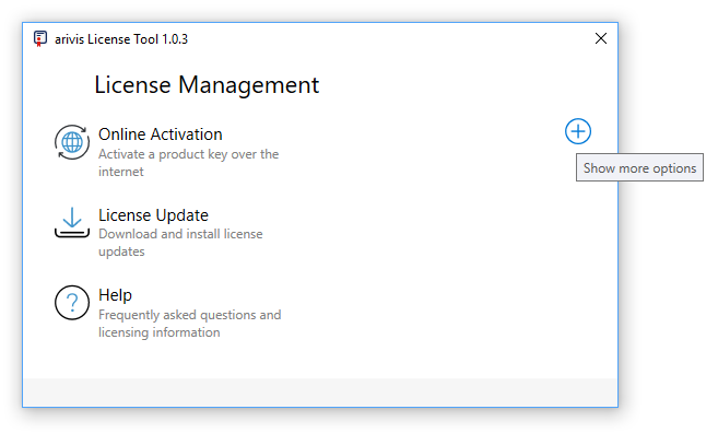 arivis License Tool 1.0.3 'License Management' window listing Online Activation, License Update and Help with a plus icon