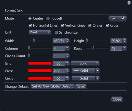 Format Grid dialog showing checked Horizontal Lines Vertical Lines Circles Cross, Unit Pixel, Columns 4, Rows 48