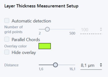 Layer Thickness Measurement Setup panel with Automatic detection and Parallel Chords checkboxes, green overlay color and Distance 8,1 µm