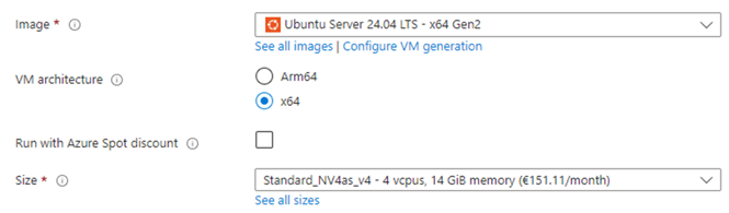 Ubuntu Server 24.04 LTS image selection showing VM architecture x64 selected and Size Standard_NV4as_v4 4 vCPUs 14 GiB