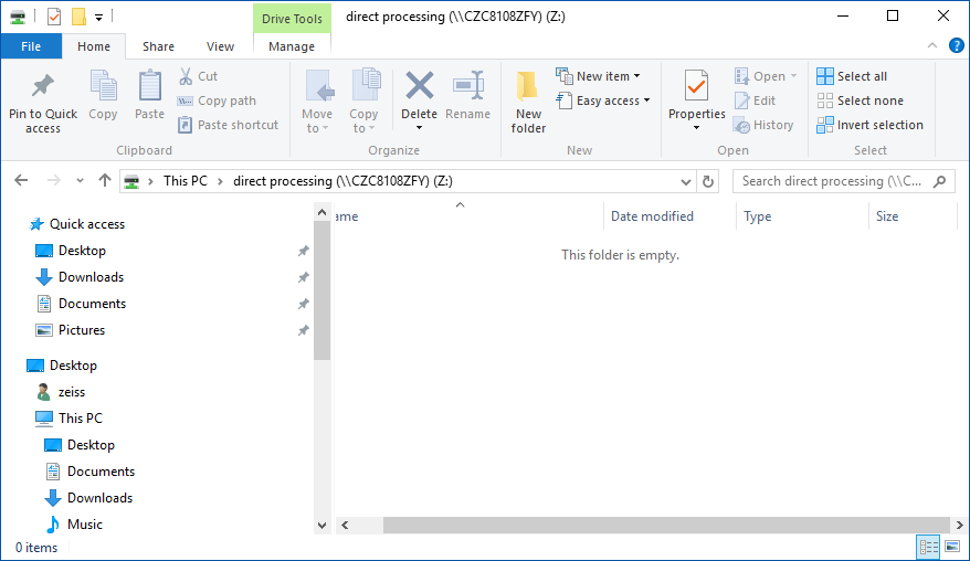 File Explorer showing mapped drive direct processing (\\CZC8108ZFY) (Z:) with empty folder.