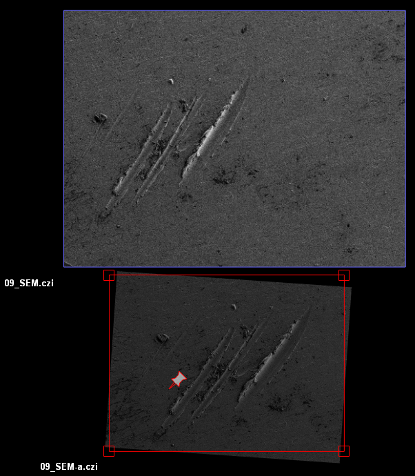 Grayscale SEM showing three parallel elongated grooves, rotated image inside red selection box, 09_SEM.czi,09_SEM-a.czi