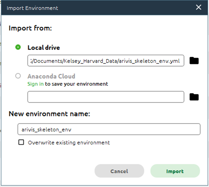 Import Environment dialog showing local file arivis_skeleton_env.yml and new environment name arivis_skeleton_env