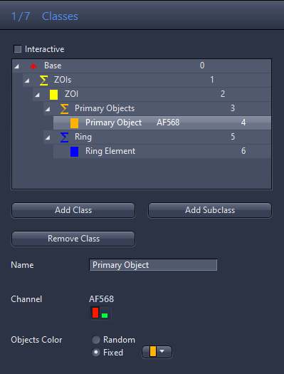 Interface '1/7 Classes' showing tree: Base, ZOIs, ZOI, Primary Object AF568, Ring; buttons Add Class, Add Subclass.