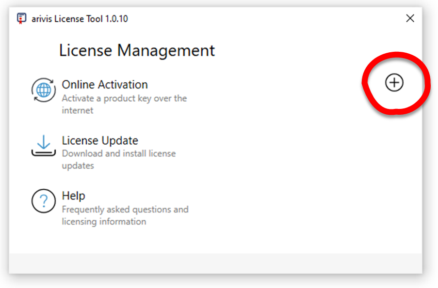 arivis License Tool 'License Management' window showing Online Activation, License Update, Help and circled plus button