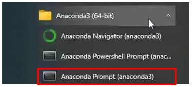 Start menu listing Anaconda3 (64-bit) with Anaconda Prompt (anaconda3) outlined in red